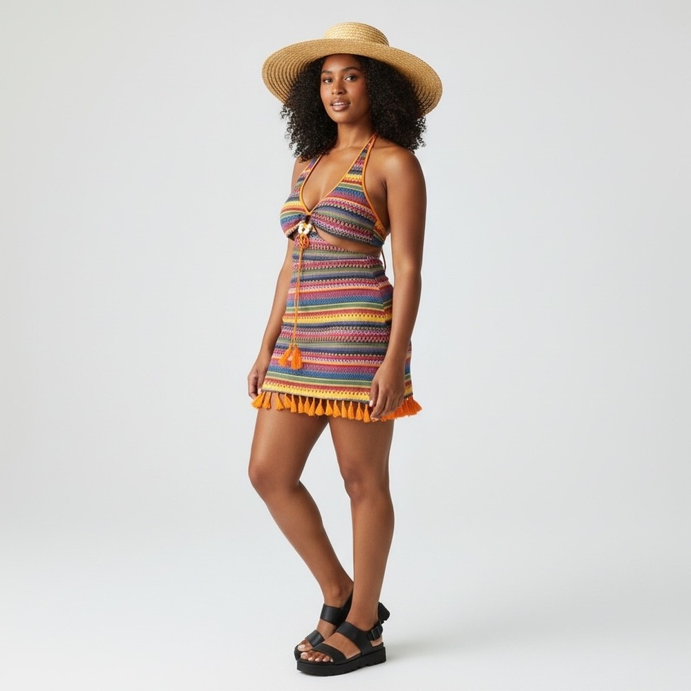 Shein Curve MultiColor Geometric Print Halter Mini Dress Tassels Beads Women 3XL